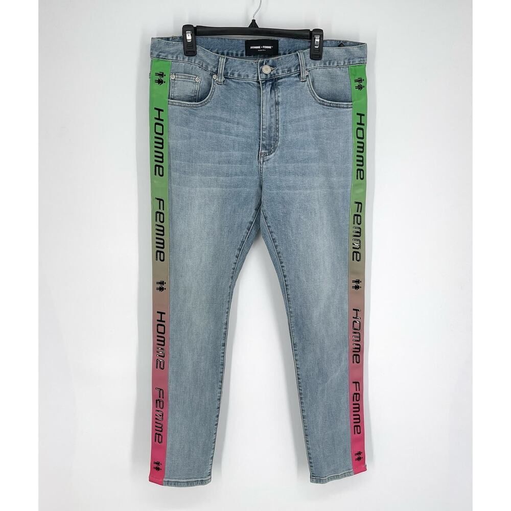 Homme + Femme NEW Tesla Skinny Blue Jeans Sz 38 Green Pink Gradient Logo Ribbon